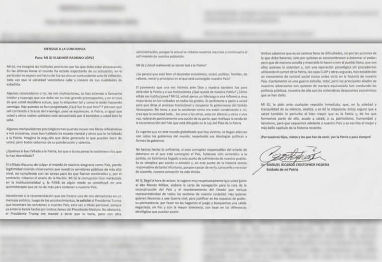 Carta del General Manuel Ricardo Cristopher Figuera a Vladimir Padrino López